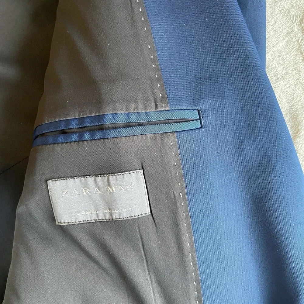 Zara High Sheen Satin Sport Coat EURO Sz 54 Blue Viscose Blazer Jacket US 22